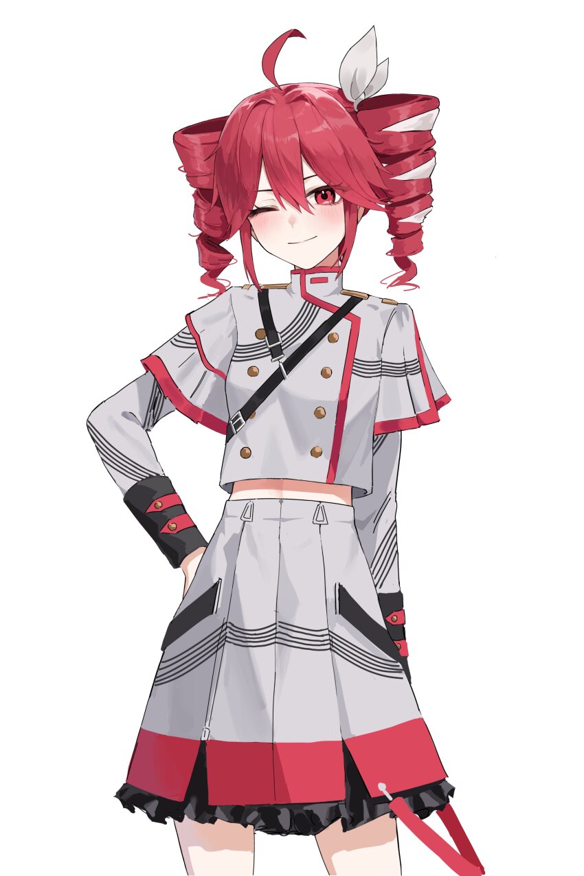1girl absurdres ahoge arm_at_side black_trim blush breasts buttons commentary cowboy_shot double-breasted drill_hair frilled_skirt frills grey_jacket grey_skirt hair_between_eyes hair_ribbon hand_on_own_hip highres hu2924 jacket kasane_teto korean_commentary light_smile long_hair long_sleeves looking_at_viewer mandarin_collar midriff midriff_peek one_eye_closed pleated_skirt red_eyes red_hair red_trim ribbon simple_background skirt small_breasts smile solo standing straight-on strap synthesizer_v twin_drills utau white_background white_ribbon