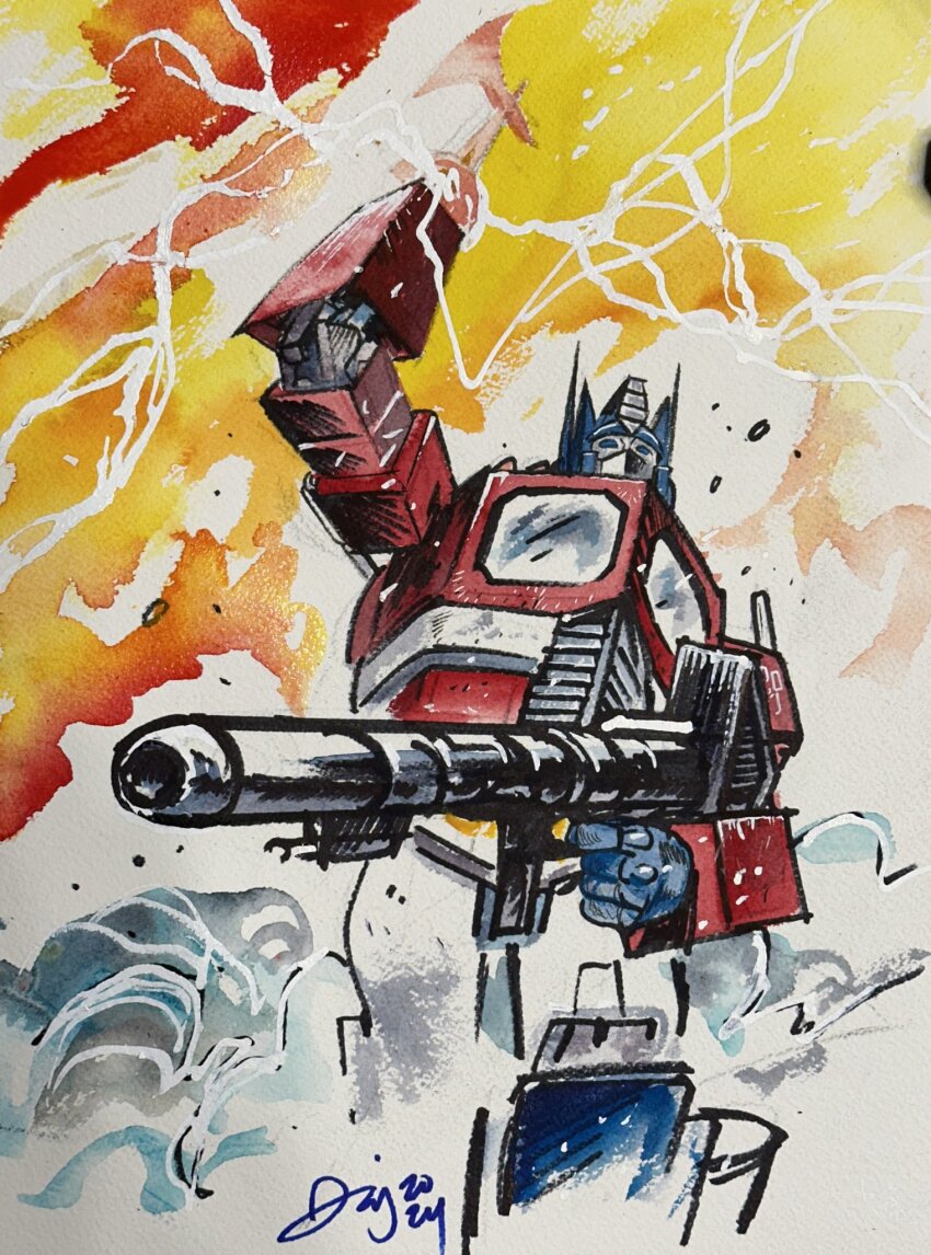 1980s_(style) 1boy artist_name axe commentary daniel_warren_johnson energy_gun english_commentary gun highres holding holding_gun holding_weapon mecha no_humans oldschool optimus_prime retro_artstyle robot science_fiction solo standing transformers weapon