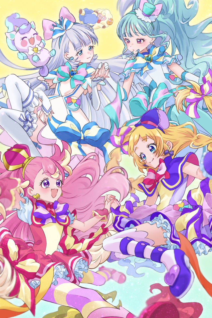 1boy 5girls aqua_bow aqua_bowtie aqua_hair aqua_hairband aqua_hat aqua_thighhighs arm_warmers blonde_hair blue_bow blue_bowtie blue_choker blue_eyes blue_hairband blush blush_stickers boots bow bow_earrings bowtie braid brooch capelet choker closed_eyes closed_mouth crown crown_earrings cure_friendy cure_lillian cure_nyammy cure_wonderful dress earrings fairy glasses grey_hair hairband hat heart heart_brooch highres holding_hands inukai_iroha inukai_komugi jewelry long_hair low_twin_braids magical_girl mehmeh_(wonderful_precure!) mini_crown mini_hat mini_top_hat multicolored_hair multiple_girls nekoyashiki_mayu nekoyashiki_yuki nico-sama off-shoulder_dress off_shoulder open_mouth peaked_cap pink_boots pink_bow pink_bowtie pink_dress pink_eyes pink_hair precure puffy_short_sleeves puffy_sleeves purple_bow purple_bowtie purple_capelet purple_dress purple_eyes purple_hat purple_shoes sheep_boy shigen_pr shoes short_sleeves side_ponytail sleeveless sleeveless_dress smile striped_clothes striped_thighhighs thighhighs top_hat twin_braids two-tone_hair two_side_up unicorn white_dress white_sleeves white_thighhighs wonderful_precure! wrist_cuffs