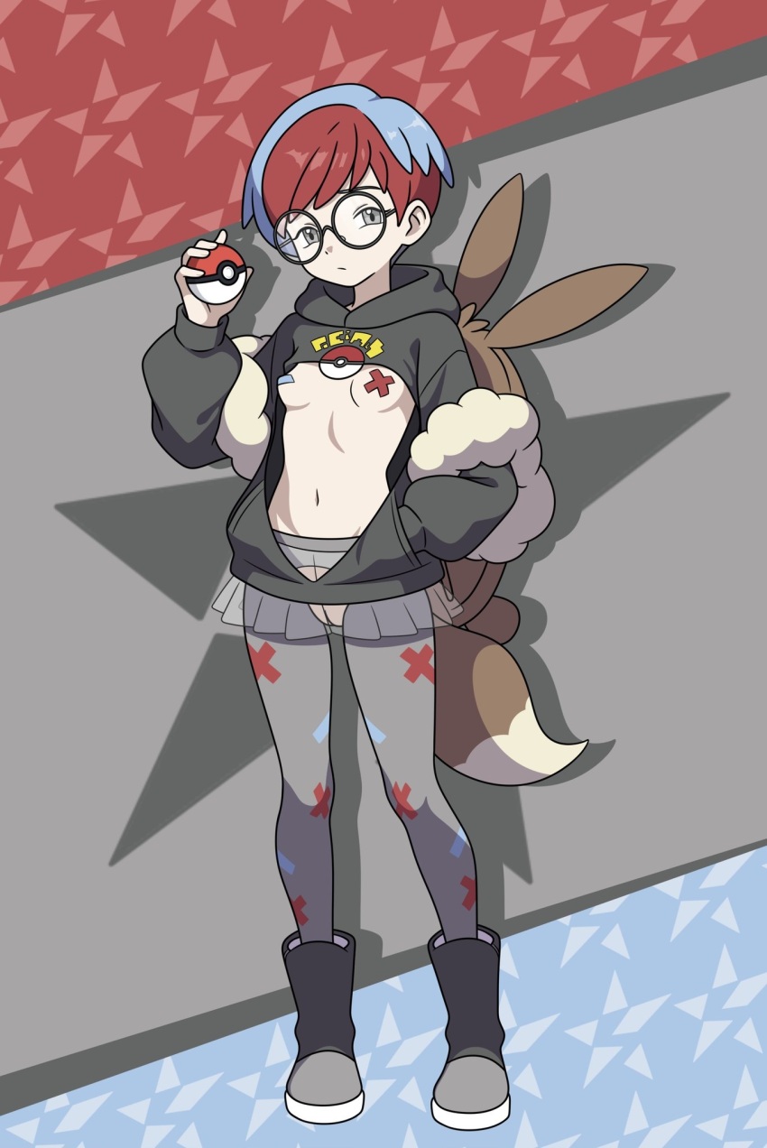 1girl adapted_costume black_boots black_hoodie blue_hair boots breasts character_doll closed_mouth clothing_cutout cross cross_pasties crotch_cutout doll eevee female_focus full_body gen_1_pokemon glasses grey_pantyhose highres holding holding_poke_ball hood hoodie hoshi_wo_miru looking_at_viewer navel nintendo no_panties open_clothes open_hoodie pale_skin pantyhose pasties penny_(pokemon) poke_ball poke_ball_(basic) pokemon pokemon_sv pussy pussy_peek red_hair revealing_clothes round_eyewear see-through_clothes see-through_skirt short_hair skirt small_breasts solo standing third-party_edit uncensored