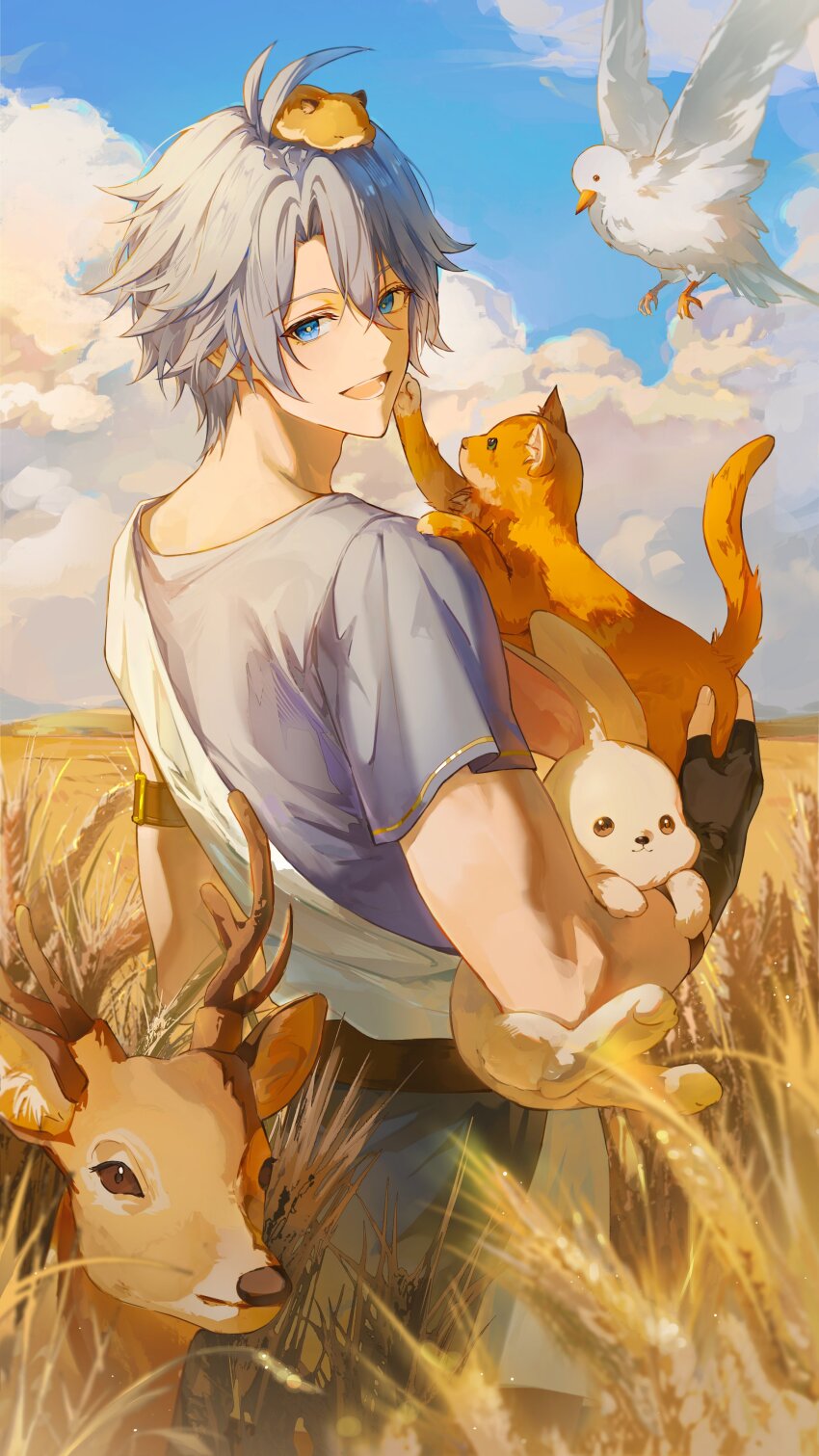 1boy :d absurdres animal animal_on_head antenna_hair arm_belt asymmetrical_sleeves bird bird_on_head black_gloves blue_eyes blue_sky cat commentary deer dove english_commentary fingerless_gloves gloves hadanugi_dousa highres holding holding_animal honkai:_star_rail honkai_(series) looking_at_viewer lyhae0 male_focus neck_tattoo on_head open_kimono open_mouth pants phainon_(a_dream_scented_in_wheat)_(honkai:_star_rail) phainon_(honkai:_star_rail) rabbit shirt short_hair short_sleeves sky sleeveless sleeveless_shirt smile solo tattoo wheat_field white_hair white_shirt