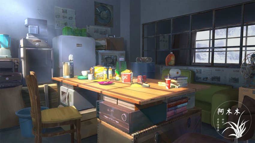 artist_logo blender_(object) book bottle can chair chicken_(food) coca-cola cup disposable_cup drink_can electric_fan food fried_chicken highres indoors kfc logo microwave no_humans original refrigerator scenery soda_can stereo table window wooden_chair xingzhi_lv