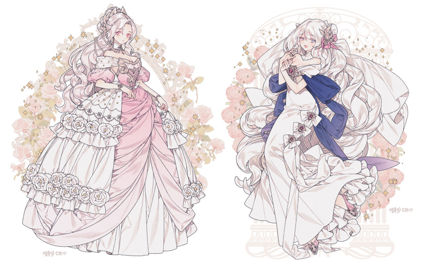 2girls blue_eyes blue_shawl bow bracelet breasts bridal_veil bride cleavage collage detached_collar dress fashion floral_background flower frilled_dress frills full_body gold_bracelet gradient_clothes gradient_dress hair_ornament high_heels jewelry lemon89h long_dress long_hair looking_at_viewer medium_breasts multiple_girls off-shoulder_dress off_shoulder open_mouth original parted_bangs pink_dress pink_eyes pink_flower pink_rose pink_shoes ponytail puffy_dress puffy_short_sleeves puffy_sleeves red_brooch rose shawl shoes short_sleeves standing veil very_long_hair wavy_hair wedding_dress white_bow white_dress white_hair white_veil