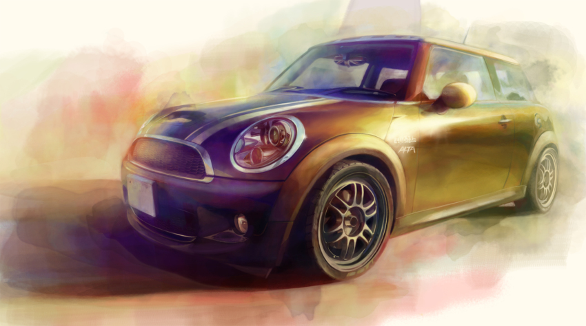 black_car car highres mini_cooper motor_vehicle nyancom original painting_(medium) radio_antenna shadow smoke traditional_media vehicle_focus watercolor_(medium)