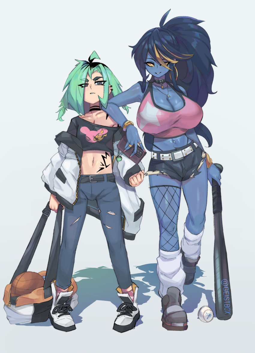 2girls absurdres ahoge asymmetrical_legwear backpack bag ball baseball_ball baseball_bat basketball_(object) belt blue_hair blue_skin breasts colored_sclera colored_skin denim earrings fingernails full_body geistbox green_hair grey_background grey_eyes highres huge_breasts jacket jeans jewelry leg_warmers long_hair looking_at_viewer multiple_girls navel navel_piercing original pandy_(geistbox) pants piercing ponytail serious sharp_fingernails shoes shorts small_breasts smile sneakers stomach_tattoo vio_(geistbox) yellow_eyes yellow_sclera
