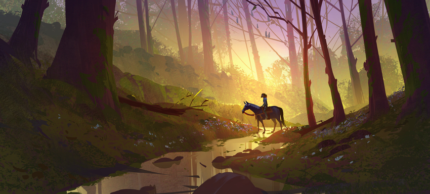 animal bird boots bush day fantasy forest grass highres horse jacki_li landscape nature original outdoors plant reins riding river saddle scenery sky sunlight tree wide_shot