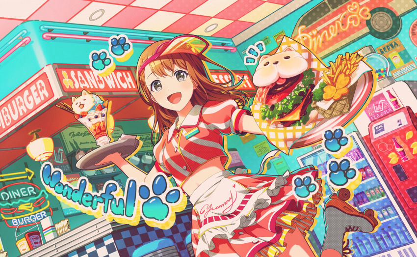 1girl apron bacon bar_stool basket blueberry blunt_bangs bottle braid bread_bun breasts brown_hair burger buttons can ceiling ceiling_light checkered_ceiling cheese chicken_nuggets clothes_writing clover coffee_mug colorful_palette crop_top cup diagonal-striped_clothes diagonal-striped_skirt dot_nose dotabata_cafe_rec!!_(project_sekai) drink_can english_text eyelashes fast_food feet_up fingernails floating_hair fluorescent_lamp food freezer french_fries frilled_apron frilled_skirt frills fruit grey_eyes halftone hanasato_minori hanging_light happy highres ice_cream indoors ketchup_bottle lettuce looking_at_viewer medium_breasts medium_hair midriff mug mustard_bottle name_tag napkin_holder neon_lights official_art onion open_mouth outline paw_print paw_print_background pink_skirt plate pocky pop_art project_sekai puffy_short_sleeves puffy_sleeves restaurant roller_skates short_sleeves sign skates skirt smile soda_can soda_fountain solo sprinkles stool strawberry striped_clothes striped_skirt sundae tareme third-party_source tomato tray uniform visor_cap waist_apron waitress whipped_cream white_apron yellow_outline