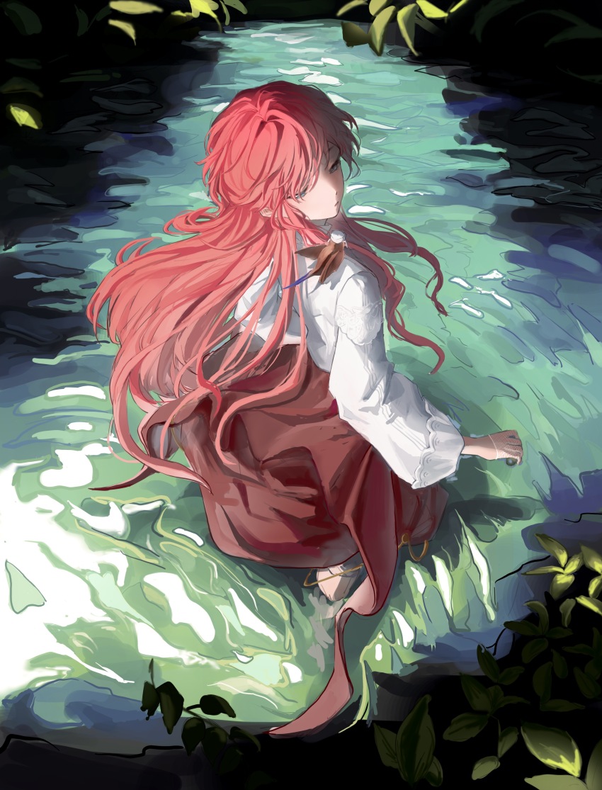 1girl absurdres animal animal_on_shoulder bird bird_on_shoulder blue_eyes brown_bird from_above from_behind half-closed_eyes highres long_hair looking_at_animal plant red_hair red_skirt reverse:1999 ripples shirt skirt solo turning_head wading water white_shirt wowowoo yenisei_(reverse:1999)