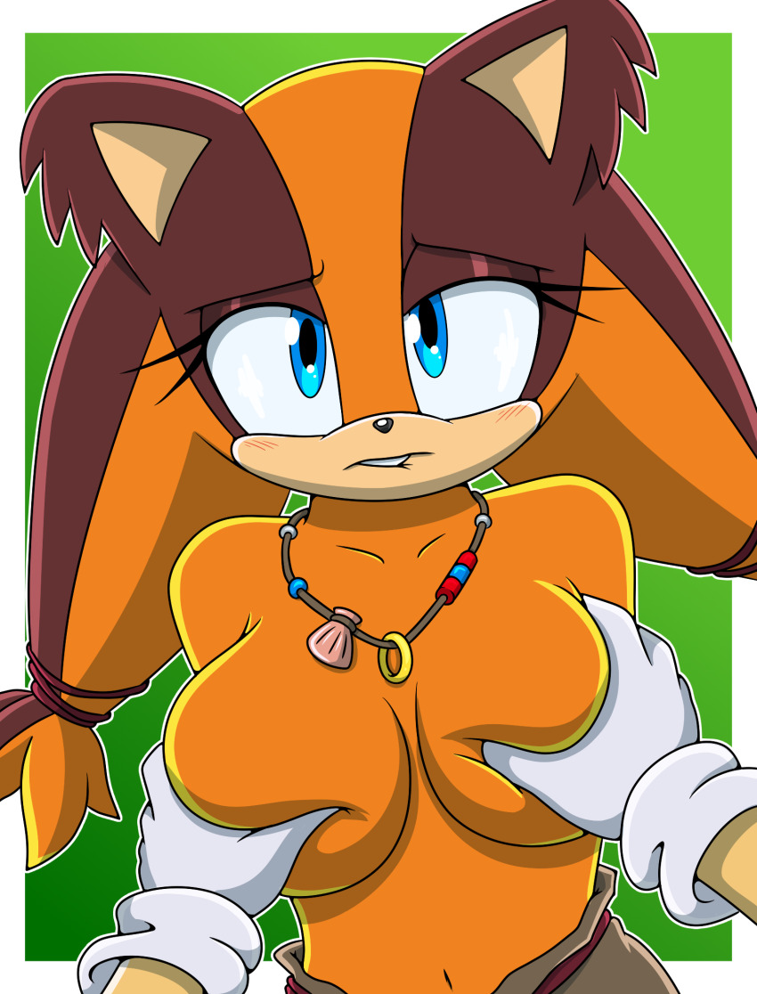 1girl badger blue_eyes blush breasts furry furry_female gloves grabbing_another&#039;s_breast groping highres large_breasts pinup_(style) pov solo_focus sonic_(series) sonic_boom_(series) sonicguru sticks_the_badger topless_female