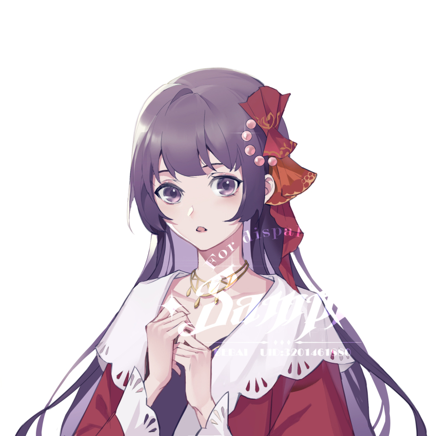 1girl bebai black_dress bow chestnut_mouth chinese_commentary collarbone double-parted_bangs dress gold_necklace hair_bow hands_up heroine_(lovebrush_chronicles) highres jacket jewelry long_hair long_sleeves looking_at_viewer lovebrush_chronicles necklace open_clothes open_jacket own_hands_together puritan_collar purple_eyes purple_hair red_bow red_jacket sample_watermark simple_background solo upper_body watermark white_background