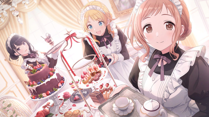 3girls apron black_hair blonde_hair blue_eyes blueberry brown_eyes brown_hair cake chocolate cup curtains drinking_glass flower food fruit game_cg hachimiya_meguru heart highres holding idolmaster idolmaster_shiny_colors idolmaster_shiny_colors_song_for_prism illumination_stars_(idolmaster) kazano_hiori leaf maid maid_headdress multiple_girls neck_ribbon official_art open_mouth plate puffy_sleeves ribbon sakuragi_mano smile strawberry table teacup teapot tray wine_glass