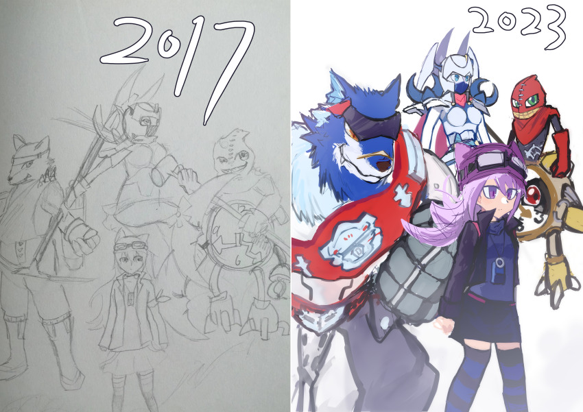 absurdres armor clockmon crescent_moon dianamon digimon digimon_(creature) digimon_story:_sunburst_and_moonlight goggles goggles_on_head hat highres long_hair machgaogamon mask moon purple_eyes purple_hair sayo_(digimon)