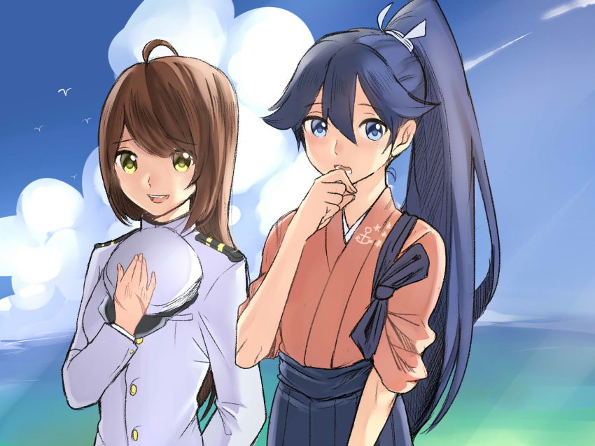 10s 2girls ahoge anchor_symbol arm_behind_back bird black_hair blue_eyes blue_sky brown_hair cloud day female_admiral_(kancolle) hair_ribbon hakama hakama_skirt hand_on_own_chin hat high_ponytail highres houshou_(kancolle) japanese_clothes kantai_collection kotori_(b-i-r-d) military military_uniform multiple_girls ocean open_mouth outdoors ponytail ribbon scar seagull skirt sky smile star_(symbol) unworn_hat unworn_headwear yellow_eyes