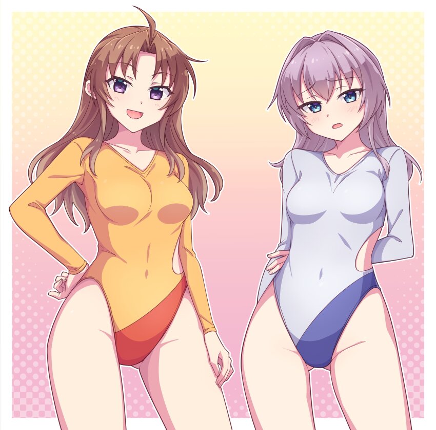 2girls :d absurdres alternate_hairstyle arm_behind_back athletic_leotard blue_one-piece_swimsuit border breasts brown_hair collarbone commentary_request commission covered_navel e20 gradient_background hair_between_eyes hair_down hair_intakes hand_on_own_hip highres kagerou_(kancolle) kantai_collection leotard long_hair looking_at_viewer medium_breasts multicolored_leotard multiple_girls one-piece_swimsuit open_mouth orange_leotard outside_border parted_bangs purple_hair red_one-piece_swimsuit second-party_source shiranui_(kancolle) skeb_commission smile swimsuit thighs tongue two-tone_leotard variant_set white_border white_leotard