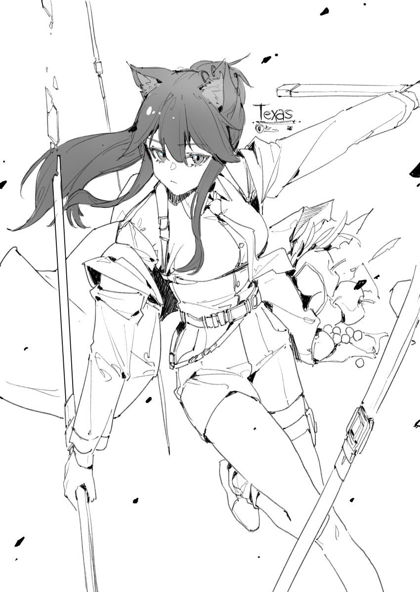 1girl absurdres animal_ears apple areaaaron arknights bag belt breasts broken broken_sword broken_weapon character_name collared_shirt earrings food fruit greyscale hair_flaps highres holding holding_sword holding_weapon jacket jewelry long_hair medium_breasts monochrome necktie off_shoulder open_clothes open_jacket paper_bag shirt shorts solo sword texas_(arknights) texas_(willpower)_(arknights) weapon wolf_ears wolf_girl