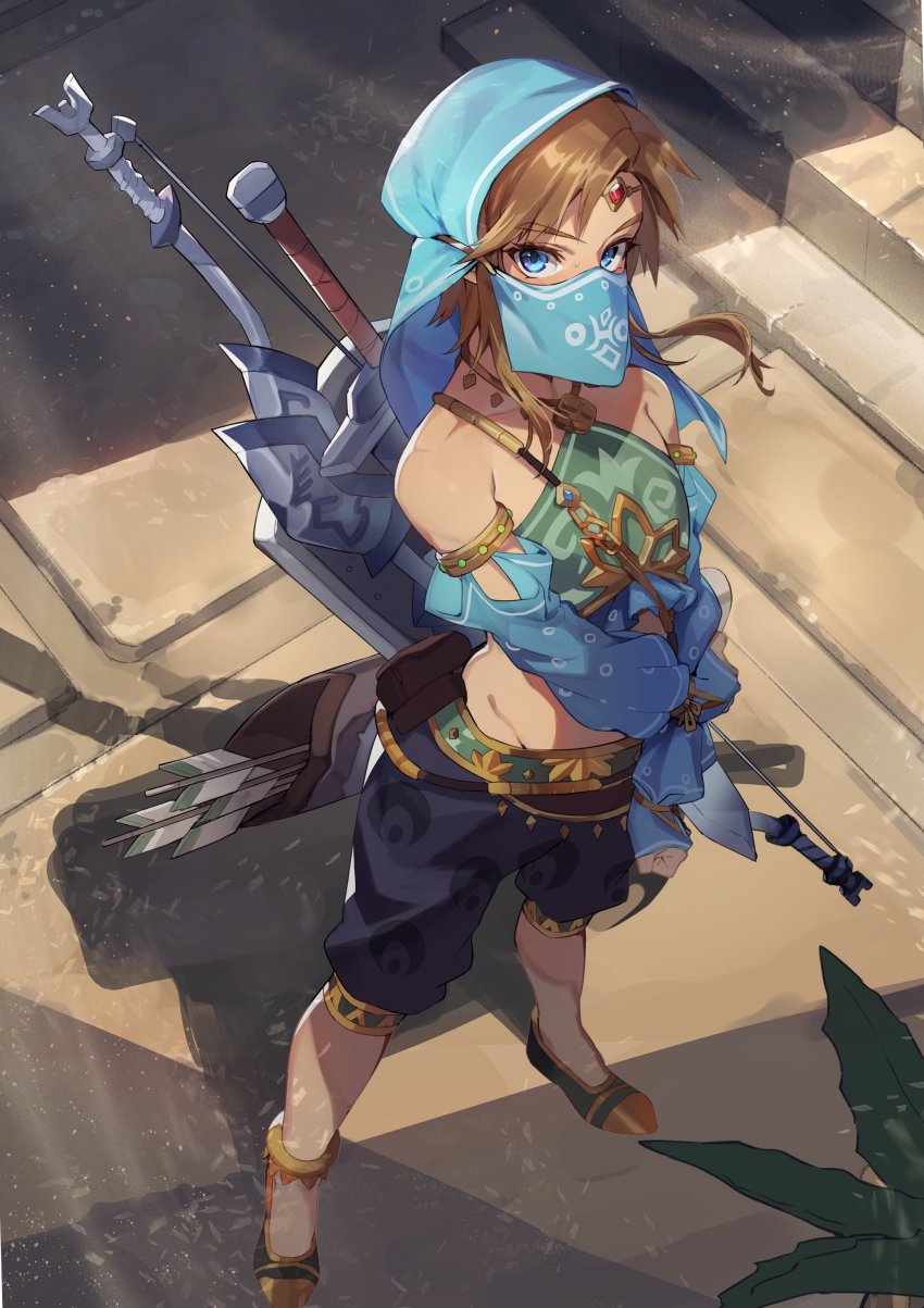 1boy absurdres bare_shoulders black_pants blue_eyes blue_headwear blush bow brown_hair commentary_request eyelashes forehead_jewel gerudo_set_(zelda) green_shirt highres link looking_at_viewer male_focus mouth_veil nintendo pants quiver shadow shield shield_on_back shirt shoes sidelocks solo stairs standing sword the_legend_of_zelda the_legend_of_zelda:_breath_of_the_wild uedrk_yamato veil weapon