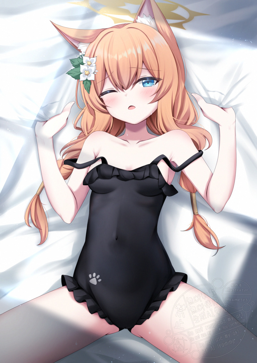 1girl absurdres animal_ear_fluff bed_sheet bikini black_one-piece_swimsuit blue_archive braid casual_one-piece_swimsuit flower frilled_one-piece_swimsuit frills hair_flower hair_ornament halo highres kamesys long_hair looking_at_viewer low_twin_braids lying mari_(blue_archive) mari_(swimsuit)_(blue_archive) off-shoulder_bikini off_shoulder official_alternate_costume on_back on_bed one-piece_swimsuit one_eye_closed orange_hair paw_print sheet_grab solo strap_slip swimsuit twin_braids watermark white_flower yellow_halo