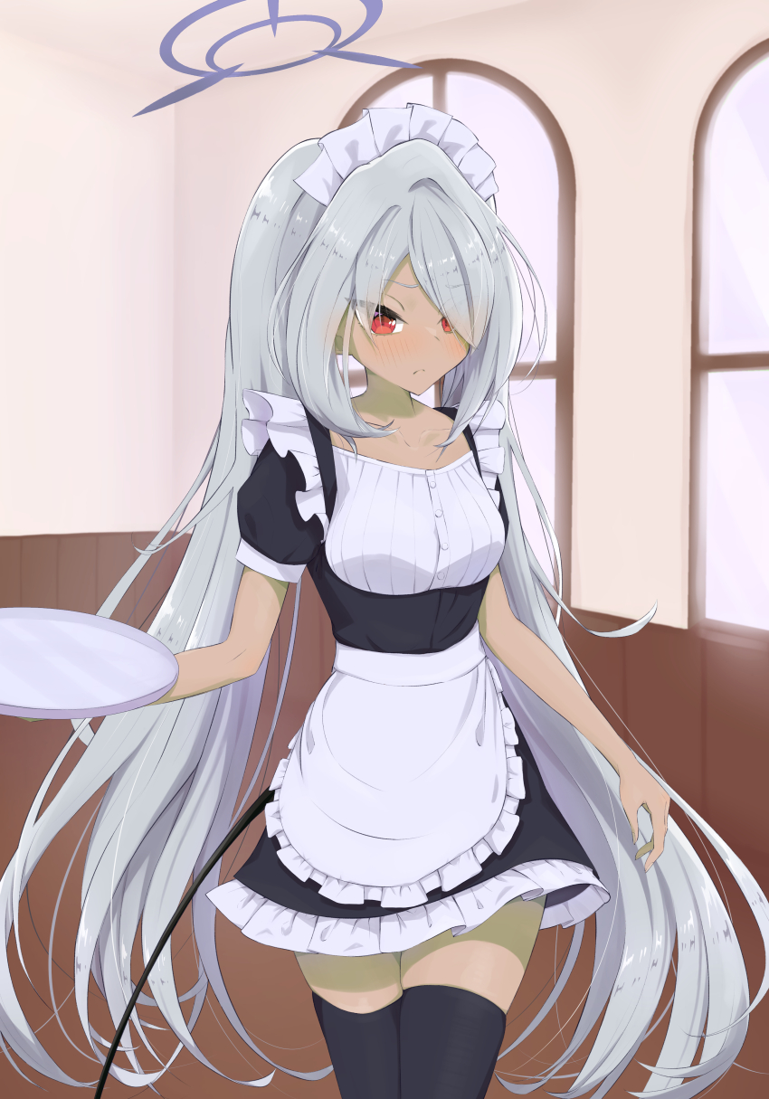 &gt;:( 1girl absurdres alternate_costume apron black_dress black_thighhighs blue_archive blush closed_mouth collarbone commentary cowboy_shot dark-skinned_female dark_skin demon_girl demon_tail dress enmaided eyes_visible_through_hair frilled_apron frilled_dress frills frown grey_hair hair_over_one_eye halo hand_up highres holding holding_tray indoors iori_(blue_archive) kimagurain long_bangs long_hair looking_ahead maid maid_apron pointy_ears puffy_short_sleeves puffy_sleeves purple_halo red_eyes sailor_collar short_sleeves sidelocks skindentation solo split_mouth story_in_commentary straight_hair tail thighhighs thighs tray tsurime twintails v-shaped_eyebrows very_long_hair white_apron zettai_ryouiki