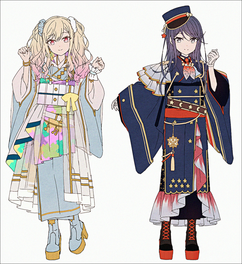 2girls adapted_costume bangle black_boots black_hair black_hat black_kimono blonde_hair blue_boots blue_kimono boots bracelet closed_mouth crescent gloves gradient_hair grey_background grey_eyes grey_gloves hakusai_(tiahszld) hand_up hat high_heel_boots high_heels highres hoshino_ichika_(project_sekai) japanese_clothes jewelry kimono lace-up_boots live_with_memories_(project_sekai) long_hair long_sleeves multicolored_hair multiple_girls peaked_cap platform_boots platform_heels project_sekai purple_hair red_eyes revision simple_background sleeves_past_wrists smile standing star_(symbol) swept_bangs tenma_saki tilted_headwear twintails unnamed_harmony_(project_sekai) wide_sleeves wrist_cuffs