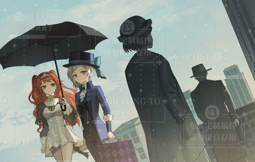 1boy 3girls black_coat black_hat black_pants black_umbrella black_vest blue_bow blue_sky boater_hat bow building checkered_hairband city coat collared_dress commission cowboy_shot dress dutch_angle facing_away from_behind gloves grey_eyes grey_hair hair_bun hairband hand_in_pocket hand_up hat hat_bow high_collar holding holding_suitcase holding_umbrella long_hair looking_at_viewer multiple_girls orange_hair outdoors pants pants_under_dress people reverse:1999 shared_umbrella short_dress short_hair single_side_bun sky smile sonetto_(reverse:1999) suitcase too_many_watermarks two_side_up umbrella vertin_(reverse:1999) vest waistcoat watermark white_dress white_gloves zhima_xing_bingle