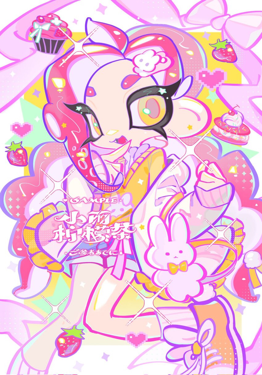 1girl ahoge animal_bag blue_shorts clenched_hand cupcake earrings fang food fruit hair_ornament hand_to_own_mouth highres index_finger_raised jacket jewelry leg_up long_hair long_sleeves looking_at_viewer low_twintails nintendo octoling octoling_girl octoling_player_character open_clothes open_jacket open_mouth orange_shoes parted_bangs pink_hair pink_jacket pink_socks purple_shirt rabbit_bag rabbit_hair_ornament sample_watermark shirt shoes shorts sleeves_past_wrists smile sneakers socks solo splatoon_(series) star_(symbol) star_earrings strawberry sweater tentacle_hair twintails very_long_hair watermark xiaoyunatie yellow_eyes yellow_sweater
