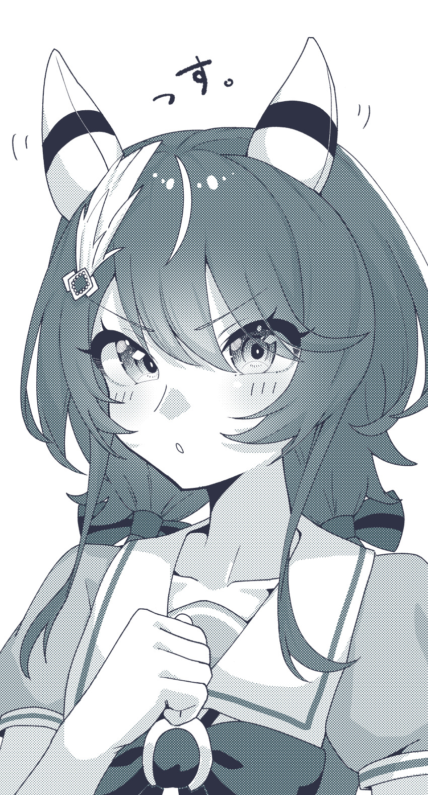 1girl a4_(a4_eishi) absurdres animal_ears collarbone hair_between_eyes hair_ornament highres horse_ears horse_girl long_hair looking_at_viewer low_twintails monochrome open_mouth portrait school_uniform simple_background solo tracen_school_uniform twintails umamusume white_background win_variation_(umamusume)
