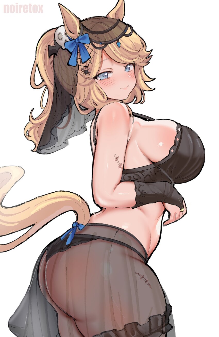 1girl alternate_costume animal_ears artist_name ass black_bra black_gloves black_panties black_veil blonde_hair blue_bow blue_eyes blush bow bra breasts bridal_gauntlets frilled_thigh_strap from_side gloves gold_city_(umamusume) hair_bow hair_ornament halloween horse_ears horse_girl horse_tail large_breasts lingerie lips long_hair noiretox panties ponytail scar scar_on_arm scar_on_thigh see-through_clothes see-through_skirt sideboob skindentation skirt skull_hair_ornament smile solo spider_hair_ornament spider_web_hair_ornament standing tail tail_bow tail_ornament thick_thighs thigh_strap thighs thong umamusume underwear veil white_background