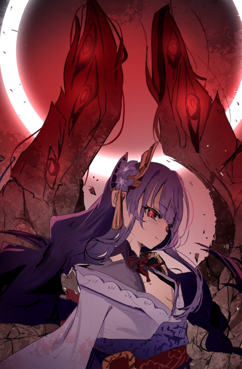 1girl absurdres alternate_eye_color belt blush braid closed_mouth commentary_request eclipse fan_hair_ornament floating_hair floral_print flower genshin_impact hair_flower hair_ornament highres japanese_clothes kimono long_hair long_sleeves looking_at_viewer low-braided_long_hair low-tied_long_hair neck_ribbon obijime off_shoulder purple_flower purple_hair purple_kimono raiden_shogun red_belt red_eyes red_ribbon ribbon smile solar_eclipse solo supervespa99 tassel tassel_hair_ornament upper_body very_long_hair wide_sleeves