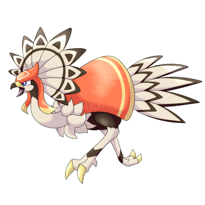 animal animal_focus bird blue_eyes bright_pupils cape claws clothed_animal commentary dazemu emu english_commentary full_body highres no_humans open_mouth orange_cape outline pal_(creature) palworld running shinylightnishy signature solo transparent_background white_outline white_pupils