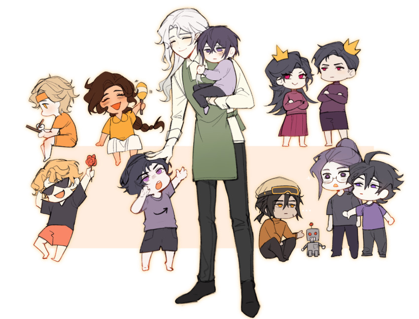 16personalities adventurer_(16personalities) advocate_(16personalities) ahoge architect_(16personalities) black_footwear black_pants black_shorts braid brown_hair child closed_eyes closed_mouth collared_shirt commander_(16personalities) crown debater_(16personalities) entertainer_(16personalities) entrepeneur_(16personalities) flower highres holding holding_flower holding_instrument holding_maracas instrument kindergarten_teacher logician_(16personalities) long_hair long_sleeves maracas open_mouth pants purple_eyes purple_shirt raymondisch red_flower red_rose rose shirt shoes shorts simple_background sleeve_cuffs smile t-shirt teacher very_long_hair virtuoso_(16personalities) white_background white_hair white_shirt