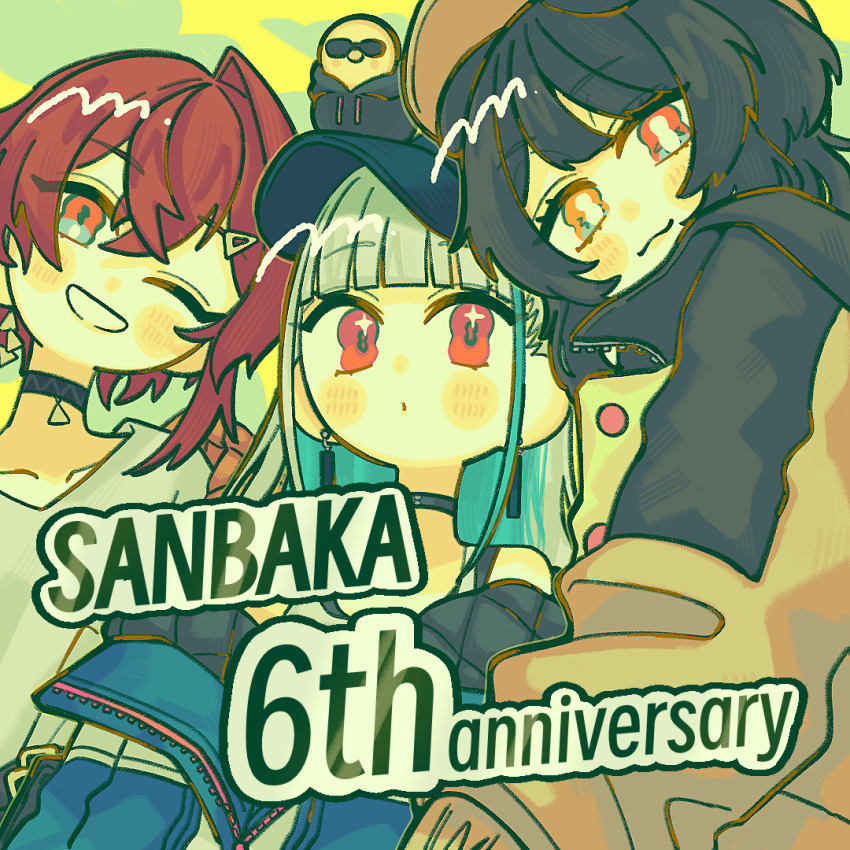 3girls ange_katrina ange_katrina_(5th_costume) animal animal_ears animal_on_head anniversary baseball_cap bird bird_on_head black_choker black_hair black_hoodie black_jacket blue_eyes blue_hair blue_hat blue_jacket blush bright_pupils brown_jacket choker closed_mouth clothed_animal collarbone colored_inner_hair commentary_request crossed_bangs dog_ears earrings ears_down fanged_bangs gold_earrings green_background grey_hair grin group_name group_picture hair_ornament hairclip hat head_tilt heterochromia hood hoodie ichimaru_(ichimarururu514) inui_toko inui_toko_(8th_costume) jacket jewelry lize_helesta lize_helesta_(8th_costume) long_hair long_neck looking_at_viewer multicolored_eyes multicolored_hair multiple_girls nijisanji off_shoulder on_head one_eye_closed orange_eyes pendant_choker quilted_jacket red_eyes red_hair sanbaka_(nijisanji) sebastian_piyodore shirt short_hair single_earring single_hair_intake smile sparkling_eyes streaked_hair sunglasses tank_top triangle_earrings two-tone_background two-tone_eyes two-tone_hair upper_body virtual_youtuber white_pupils white_shirt white_tank_top yellow_background yellow_bird yellow_eyes