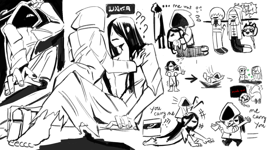 2girls 5boys ? ?? carrying carrying_person commentary crowbar english_commentary greyscale hand_on_another&#039;s_chest heroine_(homicipher) hetero highres holding holding_crowbar homicipher homicipher_text japanese_clothes kimono long_hair monochrome mr._chopped mr._crawling mr._gap mr._hood mr._scarletella mr._silvair ms._nurse multiple_boys multiple_girls open_clothes open_kimono raincoat vail_raficult very_long_hair white_background