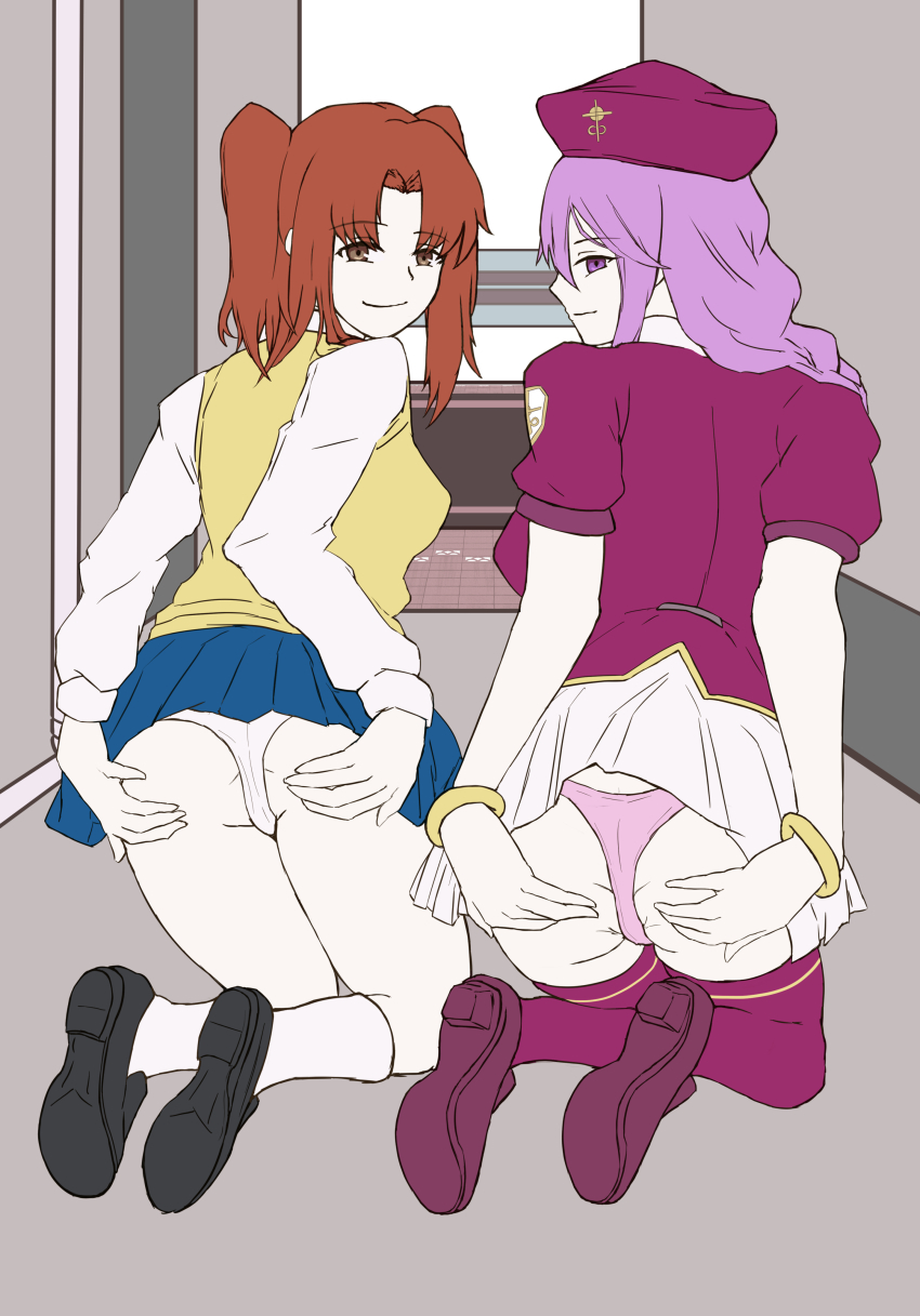 2girls absurdres alley ass beret braid braided_ponytail breasts brown_hair come_hither hat highres kneeling large_breasts looking_at_viewer looking_back melty_blood multiple_girls naughty_face presenting purple_eyes purple_hair red_eyes school_uniform sideboob sion_eltnam_(type-moon) sion_eltnam_atlasia skirt smile spread_ass take_your_pick thong tsukihime twintails yumizuka_satsuki