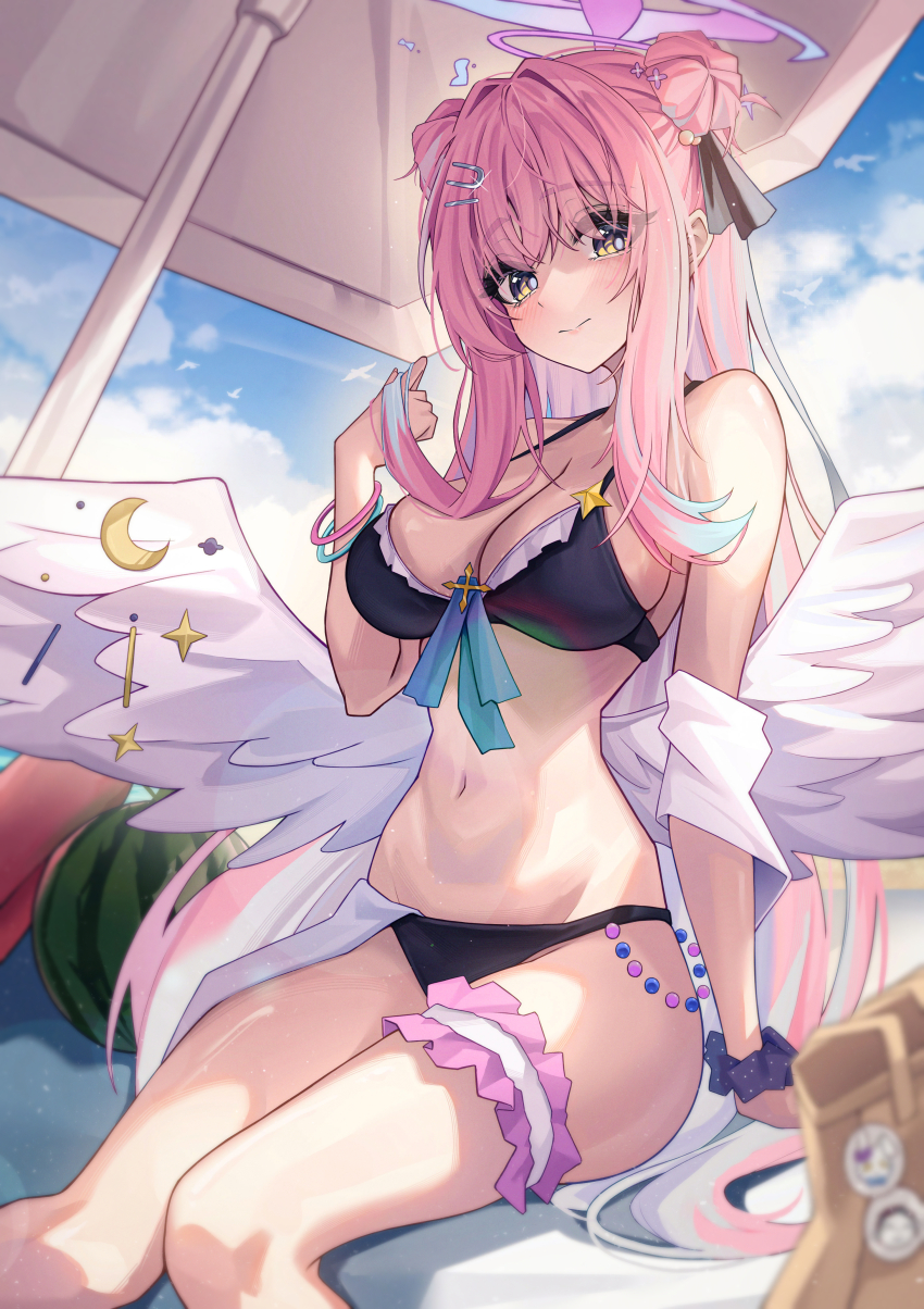 1girl absurdres alternate_costume bikini black_bikini blue_archive blue_hair blue_scrunchie blush breasts cleavage closed_mouth commentary day double_bun feathered_wings frilled_thigh_strap hair_between_eyes hair_bun halo hand_up hidel highres holding holding_own_hair large_breasts light_smile long_hair looking_at_viewer low_wings mika_(blue_archive) multicolored_hair navel outdoors pink_hair pink_halo scrunchie sitting solo stomach swimsuit thigh_strap very_long_hair white_wings wings yellow_eyes