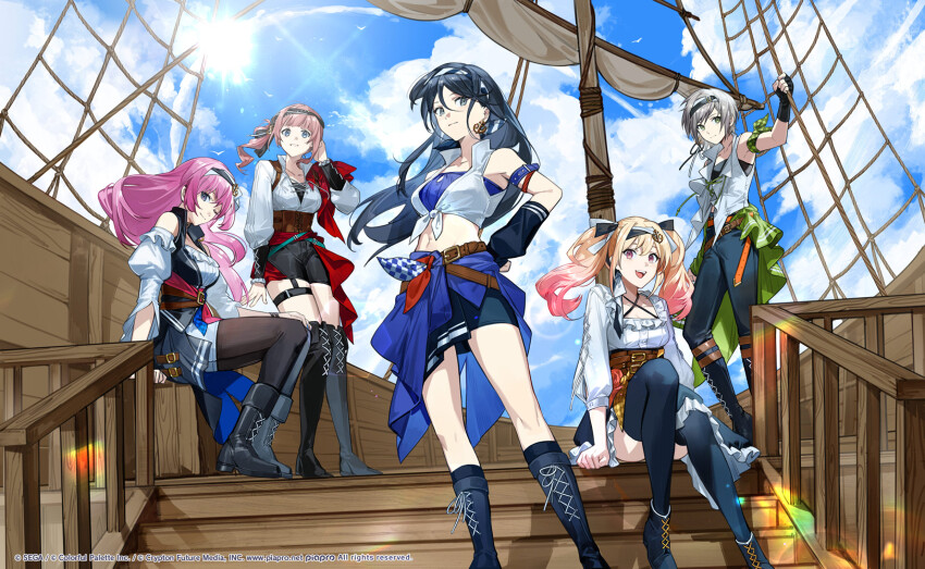 5girls anchor_earrings ankle_boots arm_belt arm_support arm_warmers armpits asymmetrical_sidelocks bandana_around_arm bandeau bare_shoulders batsubyou_(vocaloid) belt black_arm_warmers black_boots black_gloves black_hair black_pants black_shirt black_shorts black_skirt black_thighhighs blonde_hair blue_bandeau blue_belt blue_eyes bokyo boots breasts brown_belt brown_hair brown_pantyhose closed_mouth cloud cloudy_sky collarbone commentary_request copyright_notice criss-cross_halter day earrings fingerless_gloves floating_hair gloves gradient_hair green_eyes grey_eyes grey_hair hair_between_eyes half-skirt halterneck hand_on_own_hip hand_on_own_knee hand_up headband highres hinomori_shiho holding holding_rope hoshino_ichika_(project_sekai) jewelry knee_boots large_breasts leo/need_(project_sekai) leo/need_luka long_hair long_sleeves looking_at_viewer medium_breasts medium_hair megurine_luka midriff miniskirt mochizuki_honami multicolored_hair multiple_belts multiple_girls official_art open_mouth orange_belt outdoors pants pantyhose pink_eyes pink_hair pirate_costume project_sekai puffy_sleeves purple_eyes rope ship shirt short_hair short_shorts shorts side_ponytail sidelocks simple_bird sitting skirt sky sleeveless sleeveless_shirt small_breasts smile standing sunlight teeth tenma_saki thigh_strap thighhighs tied_shirt tucking_hair twintails underbust vocaloid watercraft white_shirt white_shorts wind