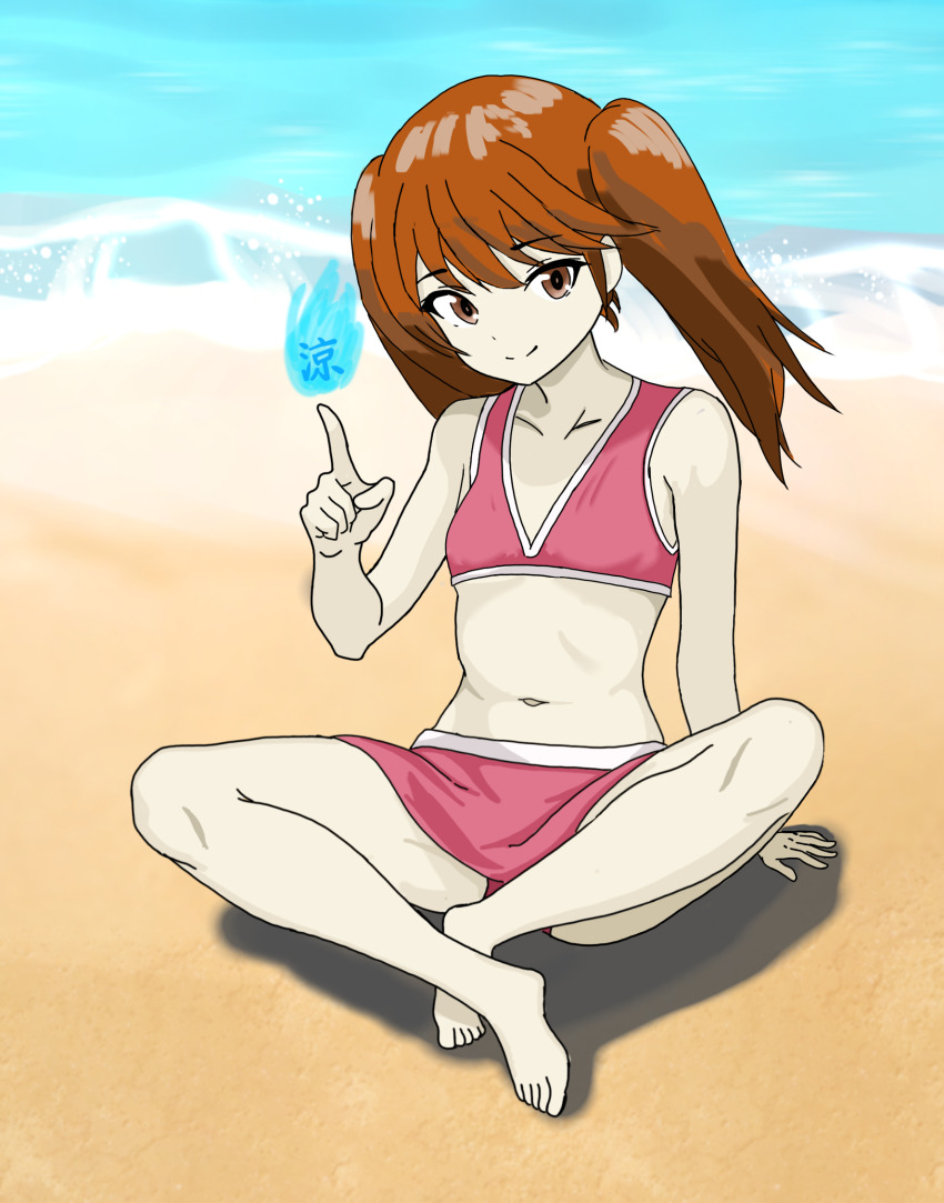 1girl bikini bone_namu(namu49850) commentary_request fire flat_chest full_body highres indian_style kantai_collection miniskirt navel ocean onmyouji petite red_bikini red_skirt ryuujou_(kancolle) shore sitting skirt solo swimsuit twintails