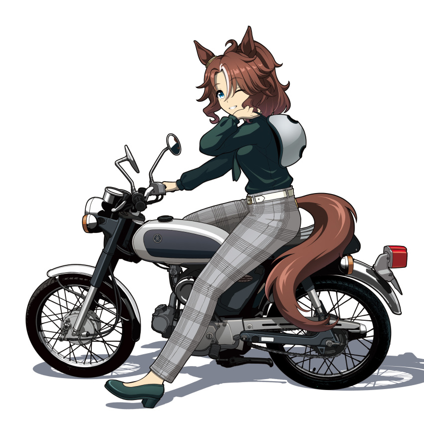 1girl ;) absurdres animal_ears belt blue_eyes brown_hair commentary from_side green_footwear green_shirt grey_pants helmet high_heels highres horse_ears horse_girl horse_tail kano_(nakanotakahiro1029) long_hair long_sleeves looking_at_viewer looking_to_the_side mejiro_palmer_(umamusume) motor_vehicle motorcycle multicolored_hair on_motorcycle one_eye_closed pants plaid_clothes plaid_pants ponytail pumps shirt simple_background smile solo streaked_hair tail umamusume unworn_headwear unworn_helmet vehicle_focus white_background white_belt white_hair yamaha
