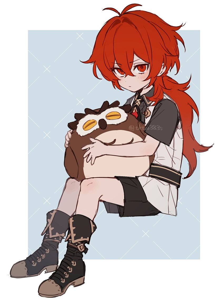 1boy aged_down black_boots black_shirt black_shorts blush boots closed_mouth collared_shirt commentary_request diluc_(genshin_impact) full_body genshin_impact hair_between_eyes highres holding holding_stuffed_toy invisible_chair long_hair looking_at_viewer male_focus ponytail red_eyes red_hair shirt short_sleeves shorts simple_background sitting solo stuffed_animal stuffed_owl stuffed_toy tofu_(bean359) twitter_username two-tone_background vest white_vest