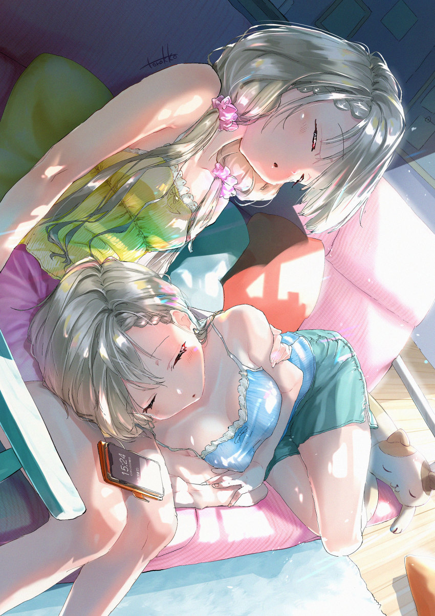 2girls absurdres braid cat cellphone commentary_request dutch_angle closed_eyes grey_hair hair_ornament hair_scrunchie highres hisakawa_hayate hisakawa_nagi idolmaster idolmaster_cinderella_girls indoors lap_pillow long_hair low_twintails multiple_girls phone pillow scrunchie shorts siblings sisters sleeping smartphone sunlight tank_top torokko twins twintails