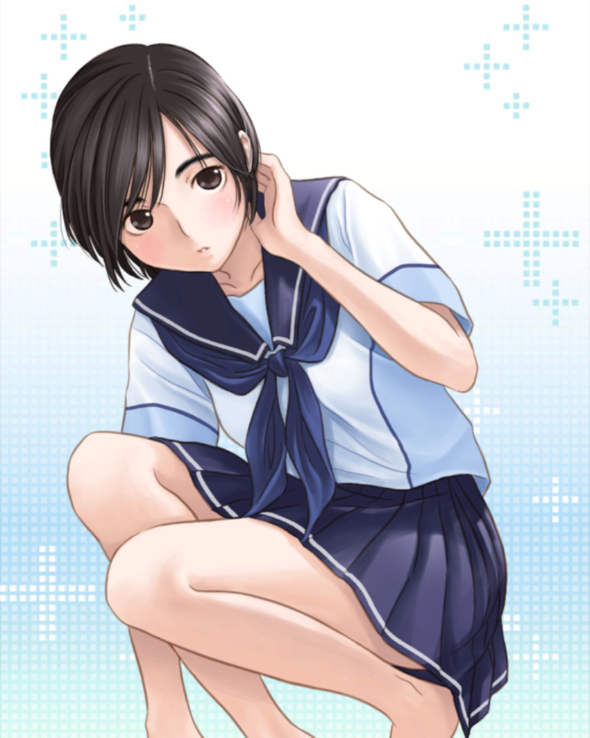 1girl aqua_background bare_legs barefoot black_hair blue_neckerchief blue_sailor_collar blue_skirt brown_eyes collarbone gradient_background hand_on_another&#039;s_neck hand_up highres looking_at_viewer love_plus neckerchief official_alternate_hairstyle official_art parted_bangs parted_lips pink_lips pleated_skirt plus_sign sailor_collar school_uniform serafuku short_hair short_sleeves skirt solo squatting summer_uniform takane_manaka