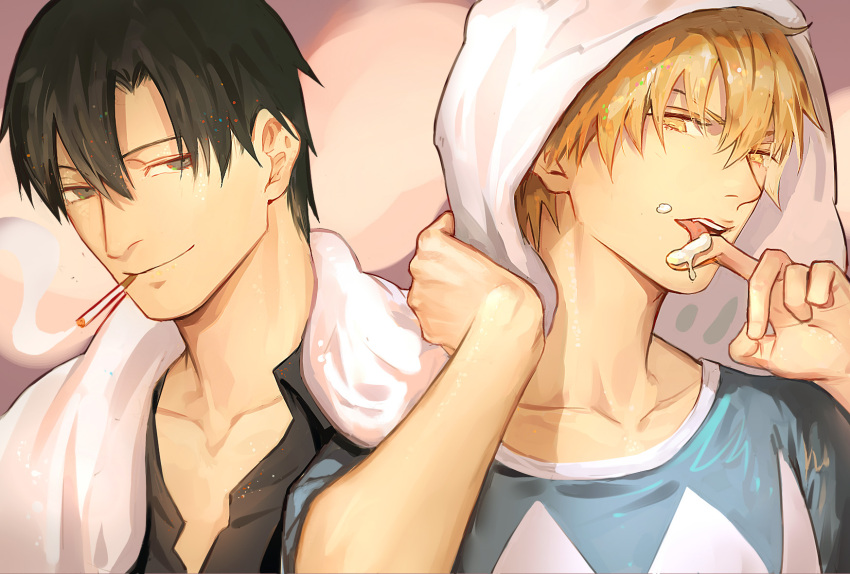 2boys akumey black_hair black_shirt blonde_hair blue_shirt brown_eyes chinese_commentary cigarette collarbone collared_shirt cream cream_on_face food food_on_face highres huang_shaotian licking licking_finger looking_at_another looking_at_viewer male_focus multiple_boys quan_zhi_gao_shou shared_towel shirt short_hair smile smoke smoking towel towel_on_head upper_body wet wet_hair yaoi ye_xiu yellow_eyes