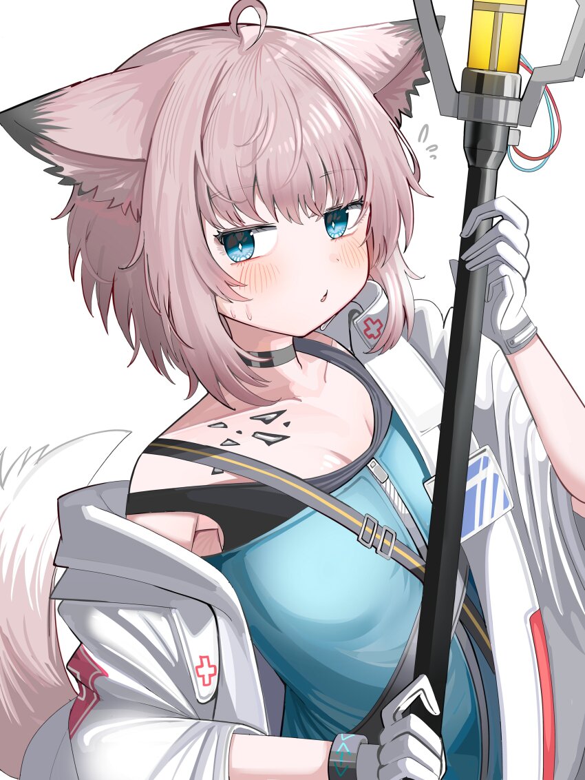 1girl absurdres ahoge animal_ears arknights blue_eyes blue_vest blush coat cross fox_ears fox_girl fox_tail gloves greek_cross highres holding holding_staff infection_monitor_(arknights) long_sleeves looking_at_viewer material_growth open_mouth oripathy_lesion_(arknights) pink_hair red_cross short_hair simple_background solo spam_(spamham4506) staff sussurro_(arknights) tail upper_body vest white_background white_coat white_gloves