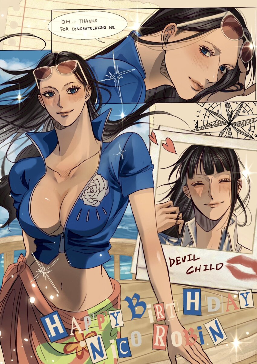 1girl ^_^ blue_eyes blue_jacket blunt_bangs blush breasts character_name cleavage closed_eyes commentary cropped_jacket english_commentary eyelashes eyewear_on_head floating_hair hair_slicked_back happy_birthday heart highres jacket lipstick_mark looking_at_viewer midriff multiple_views navel nico_robin nico_robin_(return_to_sabaody) one_piece pink_sarong rihirihi613 sarong short-sleeved_jacket short_sleeves smile solo speech_bubble zipper