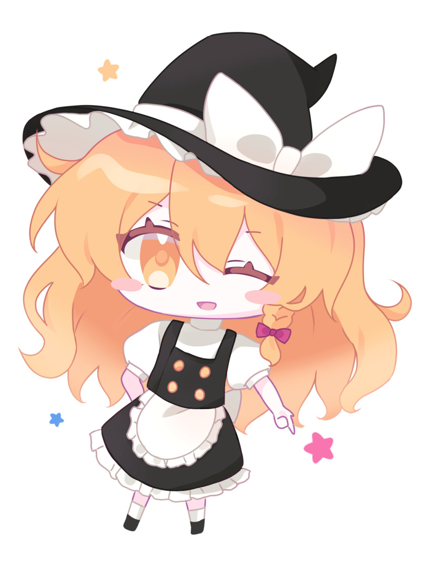 1girl ;d absurdres apron arm_behind_back black_footwear black_hat black_skirt blonde_hair blush_stickers bow braid chibi chibi_only chinese_commentary commentary_request empty401 frilled_apron frilled_skirt frills full_body hair_between_eyes hat hat_bow highres kirisame_marisa looking_at_viewer one_eye_closed open_mouth puffy_short_sleeves puffy_sleeves shirt short_sleeves simple_background single_braid skirt smile socks solo star_(symbol) touhou vest white_apron white_background white_bow white_shirt white_socks witch_hat yellow_eyes