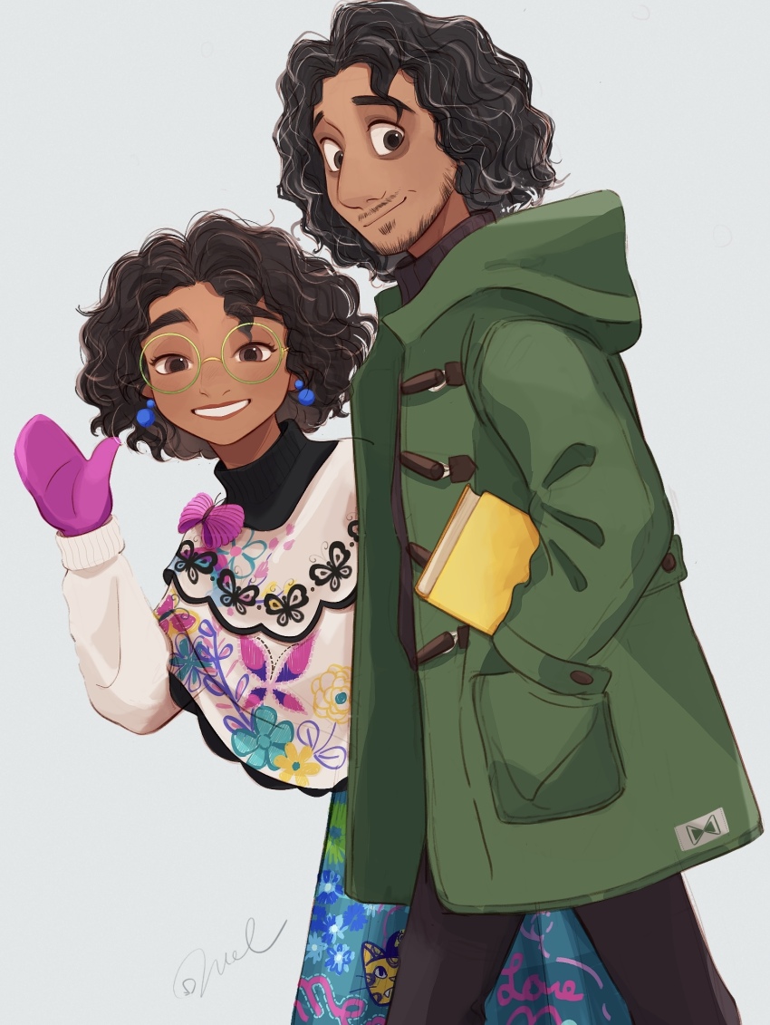 1boy 1girl book brown_eyes brown_hair bruno_madrigal dark-skinned_female dark-skinned_male dark_skin dress earrings encanto facial_hair flower highres jewelry long_hair looking_at_viewer melchencanto mirabel_madrigal mustache shirt short_hair short_sleeves simple_background smile white_shirt