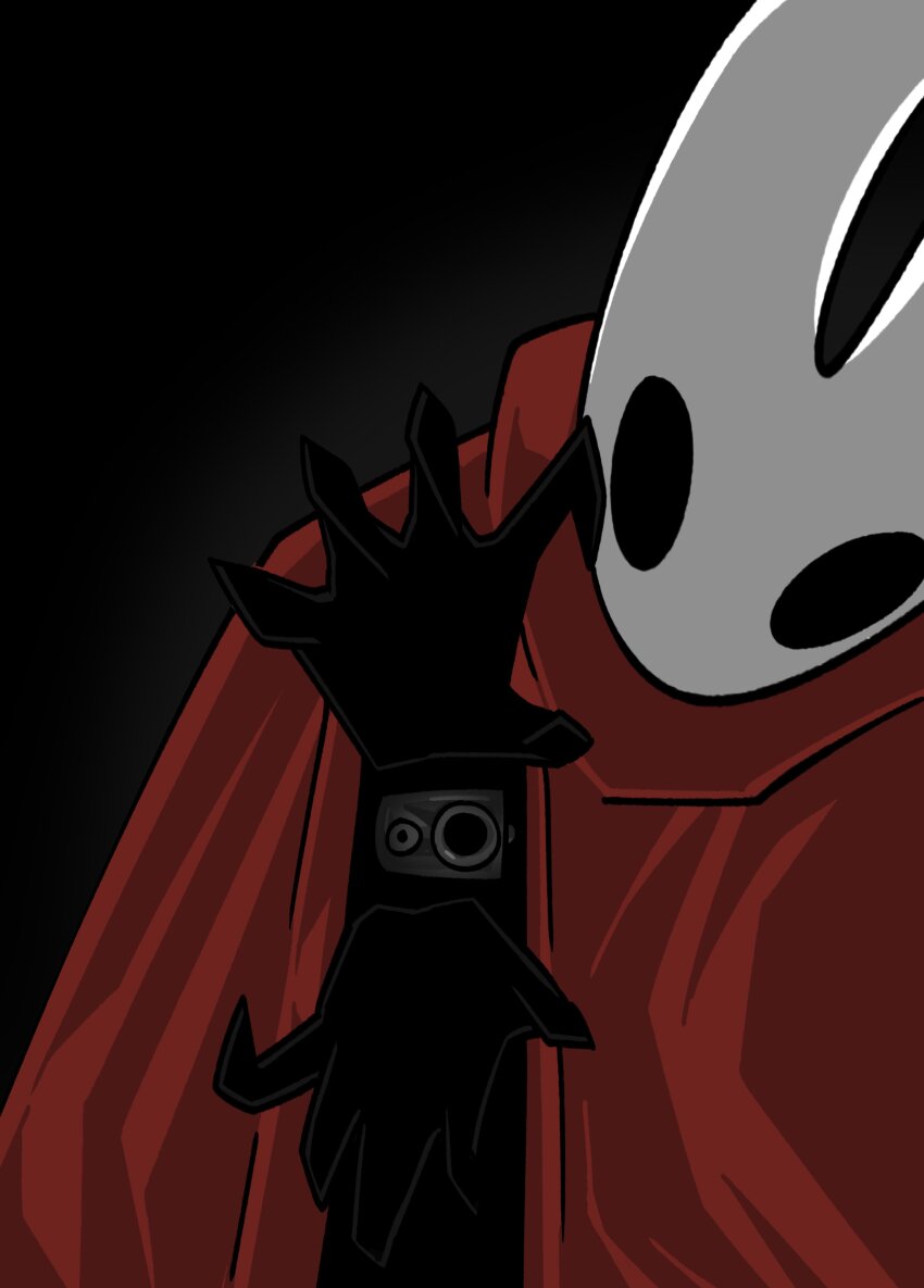 1girl absurdres arthropod_girl chun_grandfa cloak dark_background gun highres hollow_knight hollow_knight:_silksong hornet_(hollow_knight) looking_at_viewer mask red_cloak weapon white_mask