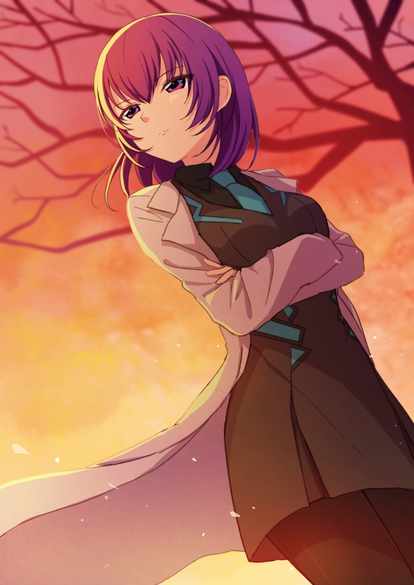 1girl absurdres bare_tree black_shirt blue_necktie breasts coat collared_shirt crossed_arms grey_jacket highres jacket kouzuki_yuuko lab_coat looking_to_the_side medium_breasts medium_hair military military_uniform muv-luv muv-luv_alternative muv-luv_alternative_(anime) necktie pantyhose purple_eyes purple_hair shirt solo sunset tree utako_(kuromosuki) white_coat