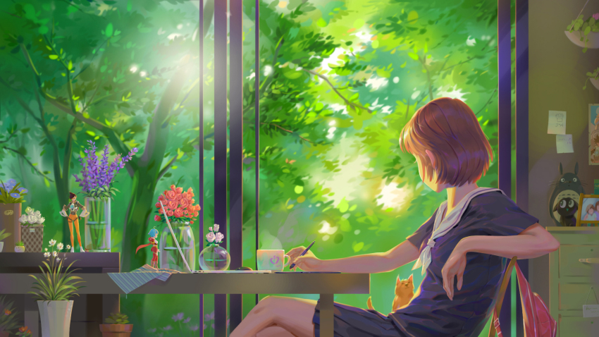 1girl backpack bag black_serafuku black_shirt black_skirt brown_hair cat chair character_request coffee_mug computer cup day figure fu_che262 highres holding holding_stylus indoors laptop mug overwatch photo_(object) plant potted_plant school_uniform serafuku shirt short_hair sitting skirt steam stylus tonari_no_totoro totoro tracer_(overwatch) tree unworn_backpack unworn_bag vase