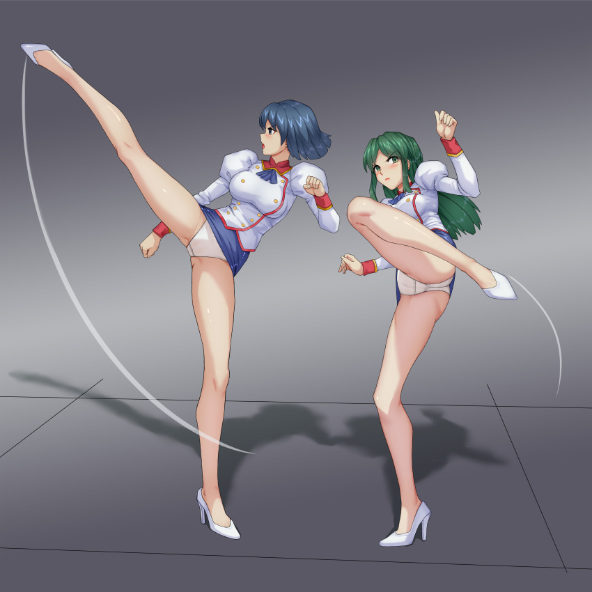 2girls absurdres adjutant_(agent_aika) agent_aika aika_(series) ascot ass black_ascot black_skirt blue_hair blush breasts brown_eyes buttons cameltoe closed_mouth commentary_request commission couple crotch_seam delmo_commander delmogeny_uniform full_body green_hair haimei1980 high_heels high_kick highres indoors jacket juliet_sleeves kicking large_breasts lipstick long_hair long_sleeves makeup microskirt military_uniform multiple_girls open_mouth panties pixiv_commission profile puffy_sleeves short_hair skirt standing standing_on_one_leg thighs tile_floor tiles underwear white_delmo white_footwear white_jacket white_panties
