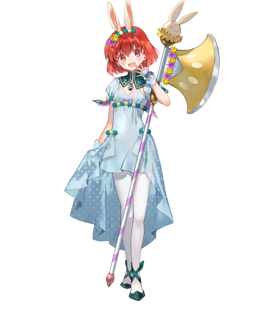 1girl :d animal_ears axe blue_dress blue_shoes blush dress fake_animal_ears fire_emblem fire_emblem:_mystery_of_the_emblem fire_emblem_heroes full_body hair_between_eyes hand_up hanekoto head_tilt highres looking_at_viewer maria_(fire_emblem) maria_(spring)_(fire_emblem) nintendo non-web_source open_mouth pantyhose puffy_short_sleeves puffy_sleeves rabbit_ears red_eyes red_hair shoes short_hair short_sleeves smile solo standing transparent_background weapon white_pantyhose